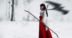 Rule 34 | 1girl, absurdres, arrow (projectile), black hair, blunt bangs, bow (weapon), caviar (lunar sama), highres, hime cut, inuyasha, japanese clothes, kikyou (inuyasha), long hair, miko, quiver, snow, solo, weapon, wide sleeves