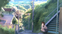 Rule 34 | 1girl, amagami, blue skirt, blue sky, brown eyes, brown hair, bush, chain-link fence, cloud, commentary request, day, door, fence, grass, hands on own face, highres, hill, house, landscape, leaf, looking at viewer, medium hair, outdoors, power lines, railing, sakurai rihoko, scenery, school uniform, shoes, sidewalk, skirt, sky, solo, soraciel, squatting, stairs, sweater, tree, white legwear, window