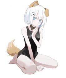 Rule 34 | 1girl, animal ears, bag, bare arms, bare legs, barefoot, between legs, black one-piece swimsuit, blue eyes, breasts, brown collar, collar, date a live, dog ears, dog tail, full body, hair between eyes, hair ornament, hairclip, hand between legs, kemonomimi mode, looking at viewer, medium hair, nogi lace, one-piece swimsuit, school swimsuit, simple background, sitting, sketch, small breasts, solo, swimsuit, tail, tobiichi origami, wariza, white background, white hair