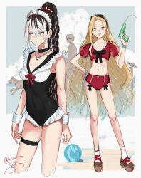 Rule 34 | 1boy, 2girls, ball, beachball, bikini, black choker, black hair, blonde hair, blue eyes, blush, bracelet, braid, braided ponytail, breasts, brown footwear, choker, cloud, dog, earrings, flat chest, frilled one-piece swimsuit, frills, full body, hairband, heterochromia, highres, isshiki (ffmania7), jewelry, long hair, looking at viewer, looking to the side, maid headdress, multicolored hair, multiple girls, navel, necklace, one-piece swimsuit, open mouth, original, platform footwear, puffy short sleeves, puffy sleeves, red bikini, short sleeves, sketch, sky, small breasts, smile, swimsuit, two-tone hair, very long hair, water gun, white hair, wrist cuffs