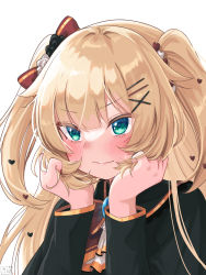 Rule 34 | 1girl, akai haato, akai haato (gothic lolita), aqua eyes, black dress, blonde hair, blush, commentary request, dress, hair ornament, hairpin, head rest, heart, heart hair ornament, highres, holding, holding own hair, hololive, long hair, long sleeves, looking at viewer, magowasabi, signature, solo, twitter username, two side up, virtual youtuber, white background, x hair ornament