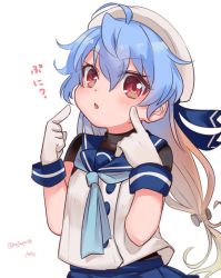 Rule 34 | 1girl, blonde hair, blue hair, blue neckerchief, blue ribbon, blue sailor collar, blue skirt, blush, gloves, gradient hair, hair between eyes, hat, kantai collection, long hair, looking at viewer, megane poni, multicolored hair, neckerchief, one-hour drawing challenge, open mouth, pleated skirt, red eyes, ribbon, sado (kancolle), sailor collar, sailor hat, school uniform, serafuku, shirt, simple background, skirt, sleeveless, sleeveless shirt, smile, solo, tsurime, white background, white gloves, white hat