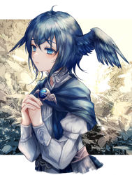 Rule 34 | 1girl, absurdres, ahoge, bird wings, blue capelet, blue eyes, blue gemstone, blue hair, brooch, capelet, colored eyelashes, commentary, cropped torso, crossed bangs, expressionless, feathered wings, final fantasy, final fantasy xiv, from side, gem, grass, hands up, head wings, high collar, highres, interlocked fingers, jewelry, leaf, long sleeves, looking ahead, maho moco, meteion, own hands clasped, own hands together, puffy long sleeves, puffy sleeves, sash, short hair, solo, upper body, wings