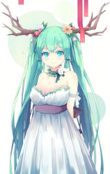 Rule 34 | 1girl, antlers, bad id, bad pixiv id, breasts, choker, cleavage, dress, empire line gown, flower, frills, green eyes, green hair, hair flower, hair ornament, hatsune miku, highres, horns, large breasts, long hair, lyodi, matching hair/eyes, shiny skin, smile, solo, twintails, very long hair, vocaloid