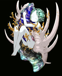 Rule 34 | androgynous, artist request, black background, crystal, closed eyes, gem, gender request, gold, green hair, highres, houseki no kuni, lapis lazuli (stone), nude, hugging object, phosphophyllite, seashell, shell, short hair, solo