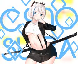 Rule 34 | 1girl, black bow, black jacket, black skirt, blue eyes, blue hair, blush, bow, breasts, closed mouth, collared shirt, commentary request, cowboy shot, crop top, hair between eyes, hair bow, hand up, head tilt, highres, idemitsu, jacket, leaning forward, long sleeves, looking at viewer, medium breasts, multicolored hair, original, pleated skirt, shirt, short hair, skirt, solo, streaked hair, sword, tiara, underboob, weapon, white hair, white shirt