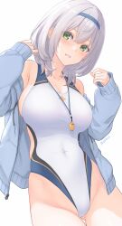 Rule 34 | 1girl, armpit crease, bare shoulders, blue hairband, blue jacket, blush, breasts, cleavage, competition swimsuit, covered navel, cowboy shot, crossed bangs, dan (kumadan), gluteal fold, green eyes, grey hair, groin, hairband, hands up, highleg, highleg swimsuit, highres, hololive, jacket, large breasts, long sleeves, looking at viewer, mole, mole on breast, one-piece swimsuit, open clothes, open jacket, parted lips, shirogane noel, short hair, sideboob, sidelocks, simple background, sleeves past wrists, smile, solo, swimsuit, taut clothes, taut swimsuit, thighs, unzipped, virtual youtuber, whistle, whistle around neck, white background, white one-piece swimsuit, zipper, zipper pull tab