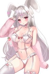 Rule 34 | 1girl, animal ears, arm up, bare shoulders, bra, breasts, choker, cleavage, cowboy shot, frilled bra, frilled panties, frills, garter straps, hair ornament, hairclip, highres, katsushika pachi, large breasts, lingerie, long hair, looking at viewer, navel, off shoulder, original, panties, parted lips, rabbit ears, red eyes, simple background, skindentation, solo, stomach, suspenders, thighhighs, thighs, underwear, underwear only, very long hair, white background, white bra, white choker, white hair, white panties, white thighhighs