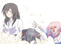 Rule 34 | blush, brown hair, cesar zebrah, closed eyes, closed mouth, commentary, crying, english commentary, falling petals, flower, formal, highres, honkai: star rail, honkai (series), long hair, long sleeves, march 7th (honkai: star rail), necktie, open mouth, petals, pink hair, simple background, stelle (honkai: star rail), suit, trailblazer (honkai: star rail), trash can, white background, white necktie, white suit