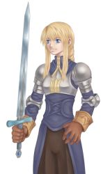 Rule 34 | 1girl, agrias oaks, armor, bad proportions, blonde hair, blue eyes, braid, breasts, female focus, final fantasy, final fantasy tactics, gloves, knight, long hair, pauldrons, shoulder armor, sidelocks, simple background, single braid, solo, sword, weapon, white background