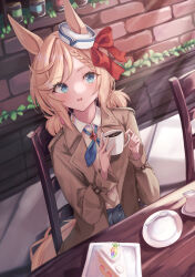 Rule 34 | 1girl, aki tsune, alternate costume, animal ears, blue eyes, blush, bow, braid, brown hair, cake, chair, coffee cup, cup, disposable cup, dixie cup hat, dutch angle, ears through headwear, food, hair bow, hat, highres, holding, holding cup, horse ears, horse girl, looking at viewer, military hat, red bow, saucer, sitting, solo, spoon, table, umamusume, venus paques (umamusume), white hat