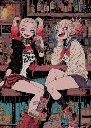 Rule 34 | 2girls, bar (place), batman (series), blonde hair, boku no hero academia, commentary request, crossover, dc comics, harlequin, harley quinn, jester costume, maai 01, makeup, multiple girls, open mouth, pink hair, plaid, plaid skirt, school uniform, sitting, skirt, smile, suicide squad, teeth, toga himiko, twintails