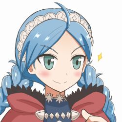 Rule 34 | 1girl, ahoge, alternate hair color, blue eyes, blue hair, blush, buttons, capelet, choker, closed mouth, fire emblem, fire emblem fates, hairband, hood, hood down, hooded capelet, nina (fire emblem), nintendo, parted bangs, portrait, red capelet, red hood, reverse (bluefencer), smile, solo, turtleneck, white hairband
