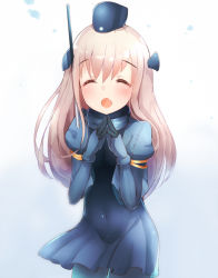 Rule 34 | 10s, ^ ^, blonde hair, boruhis, closed eyes, garrison cap, happy, hat, kantai collection, military, military uniform, navel, open mouth, platinum blonde hair, simple background, tagme, u-511 (kancolle), uniform