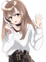 Rule 34 | 1girl, :d, ahoge, belt, black belt, black choker, black skirt, brown hair, choker, collarbone, crossed bangs, earrings, hair between eyes, hair over shoulder, head tilt, highres, hololive, hololive english, jewelry, long hair, long sleeves, looking at another, multicolored hair, nanashi mumei, nanashi mumei (casual), open mouth, plaid, plaid skirt, red skirt, shishi cc, skirt, smile, streaked hair, sweater, sweater tucked in, two-tone hair, upper body, white background, white sweater