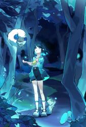 Rule 34 | 1girl, absurdres, alternate color, black hair, black shorts, chinese commentary, coat, commentary request, creatures (company), forest, game freak, gen 5 pokemon, glowing, green coat, hair ornament, hairclip, high-waist shorts, highres, liko (pokemon), looking up, mushroom, nature, night, nintendo, open clothes, open coat, outdoors, pokemon, pokemon (anime), pokemon (creature), pokemon horizons, shiny pokemon, shirt, shoes, shorts, socks, sprigatito, standing, stratocumuli, tree, whimsicott, white socks, yellow bag