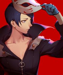 Rule 34 | 10s, 1boy, ask (askzy), blue eyes, blue hair, collarbone, fox mask, gloves, kitagawa yuusuke, mask, mask on head, partially unzipped, persona, persona 5, popped collar, red background