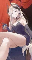 Rule 34 | 1girl, black dress, black gloves, black horns, blue archive, blue eyes, breasts, cleavage, crossed legs, cup, demon horns, dress, elbow gloves, gloves, grey hair, hair over one eye, halo, halterneck, highres, holding, holding cup, horns, large breasts, long hair, looking at viewer, makoto (blue archive), makoto (dress) (blue archive), multiple horns, official alternate costume, open mouth, pointy ears, red halo, sitting, smile, solo, uohara shinji
