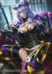 Rule 34 | 1girl, breasts, camilla (fire emblem), circlet, cleavage, fire emblem, fire emblem fates, gloves, hair over one eye, horns, large breasts, lips, long hair, looking at viewer, neoartcore, nintendo, pink eyes, purple gloves, purple hair, smile, solo, spread legs, staff, thighs, veins, veiny breasts