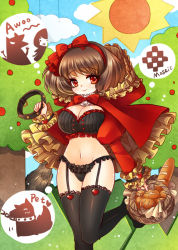 Rule 34 | 1girl, :&gt;, basket, black thighhighs, bread, breasts, brown hair, collar, food, garter straps, grimm&#039;s fairy tales, hood, kokutou mimi, large breasts, little red riding hood, little red riding hood (grimm), navel, red eyes, revealing clothes, smile, solo, thighhighs, thought bubble, underwear, wide hips