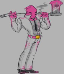 Rule 34 | 1boy, abs, axe, bare pectorals, belt, blood, blood on clothes, blood on hands, bloody weapon, cigarette, formal, holding, holding axe, holding weapon, jacket, justalgo, katana zero, kiss, kissyface (katana zero), male focus, mask, masked, necktie, open clothes, pectorals, pink blood, shoes, smoke, smoking, solo, suit, weapon, white suit