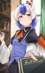 Rule 34 | 1girl, absurdres, bird wings, black capelet, black skirt, blue hair, blue vest, blush, book, bookshelf, capelet, closed mouth, commentary request, cowboy shot, curtains, gunsou1350, head wings, highres, holding, holding book, indoors, long sleeves, looking at viewer, multicolored hair, neckerchief, red eyes, red neckerchief, red wings, shirt, skirt, smile, solo, tokiko (touhou), touhou, two-tone hair, two-tone wings, vest, white hair, white shirt, white wings, window, wings