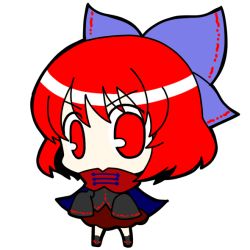 Rule 34 | 1girl, bow, cape, chibi, full body, hair bow, red eyes, red hair, sekibanki, short hair, simple background, skirt, socha, solo, touhou, transparent background, white background