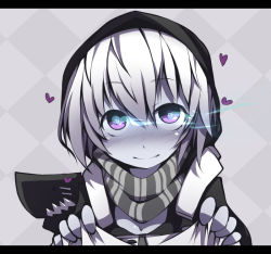 Rule 34 | 10s, 1girl, abyssal ship, black bra, blush, bra, clothes grab, fang, glowing, glowing eyes, heart, heart-shaped pupils, hood, jacket, kantai collection, kisaragi kaya, letterboxed, looking at viewer, purple eyes, re-class battleship, scarf, short hair, silver hair, smile, solo, symbol-shaped pupils, underwear