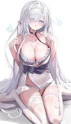 1girl :o ame_usari bandaged_leg bandages bare_shoulders breasts cleavage commentary_request grey_eyes grey_hair hair_ornament hair_over_one_eye hands_up hat heart heart-shaped_pupils heart_hair_ornament highres hitodama japanese_clothes kimono large_breasts long_hair no_shoes one_side_up original parted_lips see-through_clothes simple_background sitting solo sweat symbol-shaped_pupils thighhighs torn_clothes torn_thighhighs triangular_headpiece very_long_hair wariza wet wet_clothes wet_kimono white_background white_hat white_kimono white_thighhighs