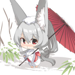 Rule 34 | 1girl, animal ear fluff, animal ears, barefoot, blush, chibi, commentary request, fox ears, fox girl, fox tail, full body, grey hair, hair between eyes, highres, holding, holding umbrella, japanese clothes, kimono, long hair, long sleeves, looking at viewer, nose blush, obi, oil-paper umbrella, original, parted lips, plant, ponytail, red eyes, red umbrella, sash, snow on head, solo, tail, umbrella, very long hair, white background, white kimono, wide sleeves, yuuji (yukimimi)