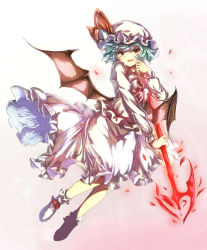 Rule 34 | 1girl, arm up, bat wings, blouse, blue hair, blush, bow, commentary, dress, fang, footwear bow, full body, gradient background, grin, hand to own mouth, hat, hat ribbon, highres, long sleeves, looking at viewer, looking to the side, mob cap, open mouth, pink background, pink shirt, red bow, red eyes, red footwear, red ribbon, remilia scarlet, ribbon, shirt, short hair, simple background, skirt, smile, socks, solo, spear the gungnir, standing, tamiku (shisyamo609), touhou, white background, white hat, white shirt, white skirt, white socks, wings
