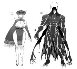 Rule 34 | 1boy, 1girl, absurdres, breasts, character sheet, china dress, chinese clothes, cleavage, curvy, double bun, dress, full body, height chart, height comparison, height difference, highres, huge breasts, large breasts, lips, mole, mole on breast, mole under mouth, monster boy, nemu (nora), standing, thighs, wide hips