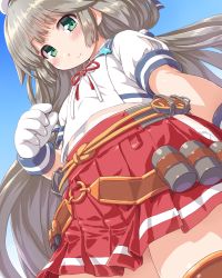 Rule 34 | 1girl, badge, blue background, blue sailor collar, cowboy shot, dd (ijigendd), depth charge, dolphin, dutch angle, from below, gloves, gradient background, green eyes, grey hair, hat, highres, hip vent, kantai collection, long hair, looking at viewer, low twintails, mikura (kancolle), panties, pleated skirt, puffy short sleeves, puffy sleeves, red skirt, sailor collar, sailor hat, sailor shirt, shirt, short sleeves, skirt, smile, solo, twintails, undershirt, underwear, white gloves, white panties, white shirt