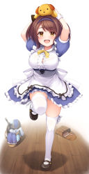 Rule 34 | 1girl, :d, apron, arms up, bag, black footwear, blue dress, blush, bow, breasts, brown eyes, brown hair, center frills, draph, dress, frilled apron, frilled dress, frills, granblue fantasy, highres, kusunoki (escude), large breasts, looking at viewer, on head, open mouth, oppai loli, puffy short sleeves, puffy sleeves, shoes, short sleeves, signature, simple background, smile, solo, standing, standing on one leg, stuffed animal, stuffed dog, stuffed toy, teeth, thighhighs, upper teeth only, waist apron, white apron, white background, white thighhighs, wooden floor, wrist cuffs, yaia (granblue fantasy), yellow bow