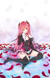 Rule 34 | 10s, 1girl, absurdres, bad id, bad pixiv id, black dress, black footwear, black ribbon, blood, bomhat, boots, detached sleeves, dress, feathers, finger to mouth, full body, hair ornament, highres, krul tepes, long hair, owari no seraph, pink hair, pointy ears, red eyes, red feathers, ribbon, sitting, solo, thigh boots, thighhighs, twintails