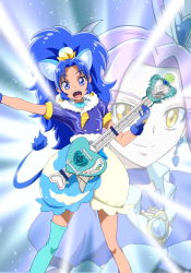 Rule 34 | 10s, 2girls, :d, animal ears, blue eyes, blue gloves, blue hair, blue neckwear, blue shirt, blue skirt, blue theme, blue thighhighs, brooch, closed mouth, cloud print, color connection, cropped legs, crown, cure beat, cure gelato, earrings, electric guitar, extra ears, gloves, guitar, happy, heart, heart brooch, instrument, jewelry, kirakira precure a la mode, kurokawa eren, layered skirt, lion ears, lion tail, long hair, looking at viewer, love guitar rod, magical girl, mini crown, moritakusan, multiple girls, open mouth, parted bangs, precure, print skirt, purple hair, seiren (suite precure), shirt, single thighhigh, skirt, smile, suite precure, tail, tategami aoi, teeth, thighhighs, white skirt, yellow eyes