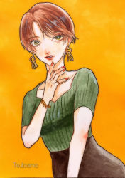 Rule 34 | 1girl, absurdres, artist name, black skirt, bracelet, breasts, brown hair, earrings, green shirt, hand up, highres, jewelry, looking at viewer, nail polish, original, painting (medium), parted bangs, red nails, ring, shirt, short hair, short sleeves, simple background, skirt, small breasts, traditional media, watercolor (medium), yamatotsubame, yellow background