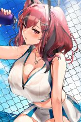 Rule 34 | 1girl, alracoco, azur lane, bare shoulders, blush, bottle, bra, breasts, bremerton (azur lane), bremerton (scorching-hot training) (azur lane), chain-link fence, cleavage, commentary request, day, fence, hair between eyes, hair ornament, head tilt, headgear, heart, heart necklace, highres, jewelry, large breasts, long hair, midriff, miniskirt, mole, mole under eye, multicolored hair, navel, necklace, outdoors, parted lips, pleated skirt, pouring, pouring onto self, red eyes, see-through, skirt, sportswear, stomach, streaked hair, tennis uniform, thighs, two-tone skirt, underwear, water, water bottle, x hair ornament