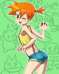Rule 34 | 1girl, ass, bad id, bad pixiv id, bonsly, cameo, creatures (company), game freak, gen 1 pokemon, gen 2 pokemon, gen 4 pokemon, green eyes, hashi, holding, holding poke ball, looking back, meowth, misty (pokemon), munchlax, nintendo, one eye closed, orange hair, pikachu, poke ball, poke ball (basic), pokemon, pokemon (anime), pokemon (creature), psyduck, shorts, side ponytail, smile, solo, squirtle, suspenders, tank top, wink, wobbuffet