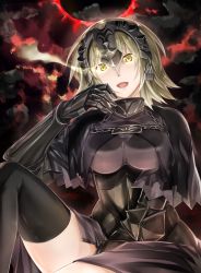 Rule 34 | 1girl, :d, armor, blonde hair, capelet, chain, cloud, dark clouds, fate/grand order, fate (series), gauntlets, highres, jeanne d&#039;arc (fate), jeanne d&#039;arc alter (avenger) (fate), jeanne d&#039;arc alter (fate), kurose nao, open mouth, ruler (fate/grand order), short hair, sitting, smile, solo, thighhighs, yellow eyes, zettai ryouiki