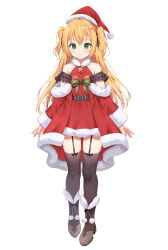 Rule 34 | 1girl, absurdres, bare shoulders, bell, belt, blonde hair, boots, bow, brown belt, christmas, crossed bangs, detached sleeves, dress, full body, fur-trimmed dress, fur-trimmed headwear, fur trim, garter straps, green eyes, hat, highres, long hair, long sleeves, looking at viewer, neck bell, original, red dress, red hat, santa costume, santa dress, santa hat, simple background, smile, solo, thighhighs, two side up, white background, xue lu, zettai ryouiki