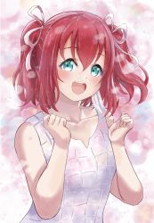 Rule 34 | 1girl, aqua eyes, artist name, artist request, bare shoulders, blush, breasts, checkered clothes, checkered dress, clenched hands, close-up, collarbone, dress, earrings, feather earrings, feathers, female focus, green eyes, hair between eyes, hair ribbon, highres, jewelry, kurosawa ruby, looking at viewer, love live!, love live! school idol festival, love live! sunshine!!, parted lips, plaid, plaid dress, pleated, pleated dress, red hair, ribbon, short hair, skirt, sleeveless, sleeveless dress, small breasts, smile, solo, the story of feather (love live!), twintails, two side up, upper body, white dress, white ribbon, white skirt