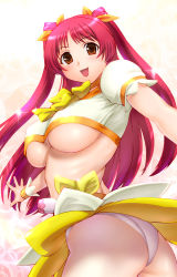 Rule 34 | 1girl, ass, blush, bow, breasts, brown eyes, clothes lift, cosplay, crop top, cure sunshine, cure sunshine (cosplay), dress, heartcatch precure!, kousaka tamaki, large breasts, long hair, magical girl, midriff, open mouth, panties, precure, red hair, skirt, skirt lift, smile, solo, to heart (series), to heart 2, twintails, ueyama michirou, underboob, underwear, upskirt, white background, white panties, wind, wind lift, yellow bow, yellow dress, yellow skirt