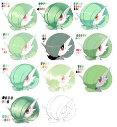Rule 34 | 1girl, anime coloring, bob cut, closed mouth, color guide, colored skin, creatures (company), female focus, game freak, gardevoir, gen 3 pokemon, green hair, green skin, hair over one eye, happy, highres, lineart, lotosu, multicolored skin, multiple views, muted color, nintendo, pokemon, pokemon (creature), portrait, red eyes, short hair, simple background, smile, two-tone skin, white skin