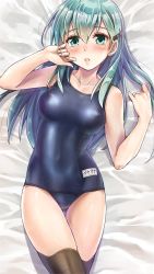 Rule 34 | 10s, 1girl, aqua eyes, aqua hair, bed sheet, black thighhighs, blue one-piece swimsuit, blush, breasts, character name, clenched hands, collarbone, commentary request, covered erect nipples, covered navel, cowboy shot, crossed legs, dakimakura (medium), gluteal fold, hair between eyes, hair ornament, hair over shoulder, hairclip, hands up, highres, hip focus, indoors, jewelry, kantai collection, koyuki (kotatsu358), long hair, looking at viewer, lying, medium breasts, name tag, old school swimsuit, on back, on bed, one-piece swimsuit, parted lips, ring, school swimsuit, shiny clothes, solo, suzuya (kancolle), swimsuit, thigh gap, thighhighs, wedding band