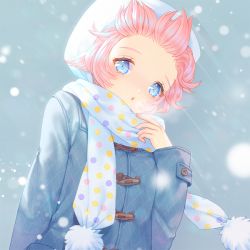 Rule 34 | 1girl, blue eyes, blurry, breath, buttons, coat, hat, long sleeves, looking at viewer, original, pink hair, polka dot, pom pom (clothes), saban, scarf, short hair, snowing, solo, upper body, wind