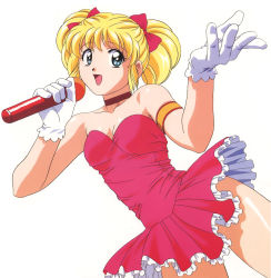Rule 34 | 1980s (style), 1girl, armband, bare shoulders, blonde hair, breasts, choker, cleavage, dress, female focus, gloves, green eyes, hair ribbon, happy, idol densetsu eriko, kikuchi michitaka, looking at viewer, microphone, music, official art, retro artstyle, open mouth, retro artstyle, ribbon, short hair, singing, skirt, small breasts, smile, solo, strapless, strapless dress, tamura eriko, twintails, white background
