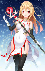 Rule 34 | 1girl, bare shoulders, black thighhighs, blonde hair, china dress, chinese clothes, cleavage cutout, clothing cutout, covered navel, dress, elbow gloves, garter straps, gloves, hair ornament, long hair, looking at viewer, magic circle, original, parted lips, pelvic curtain, red eyes, solo, staff, thighhighs, white gloves, yasuto (eria151)