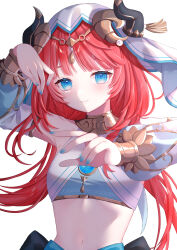 1girl absurdres bare_shoulders black_horns blue_brooch blue_eyes blue_nails breasts brooch closed_mouth commentary crop_top detached_sleeves fake_horns genshin_impact gold_trim hands_up harem_outfit highres horns jewelry long_hair looking_at_viewer low_twintails midriff mochi_mochi052 navel neck_ring nilou_(genshin_impact) puffy_detached_sleeves puffy_sleeves red_hair simple_background small_breasts smile solo twintails upper_body veil white_background white_sleeves white_veil