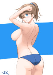Rule 34 | 1girl, ass, blue eyes, blue panties, breasts, brown hair, cowboy shot, from behind, highres, intrepid (kancolle), kantai collection, large breasts, looking at viewer, panties, ponytail, short hair, sideboob, solo, t2r, topless, two-tone background, underwear, white background